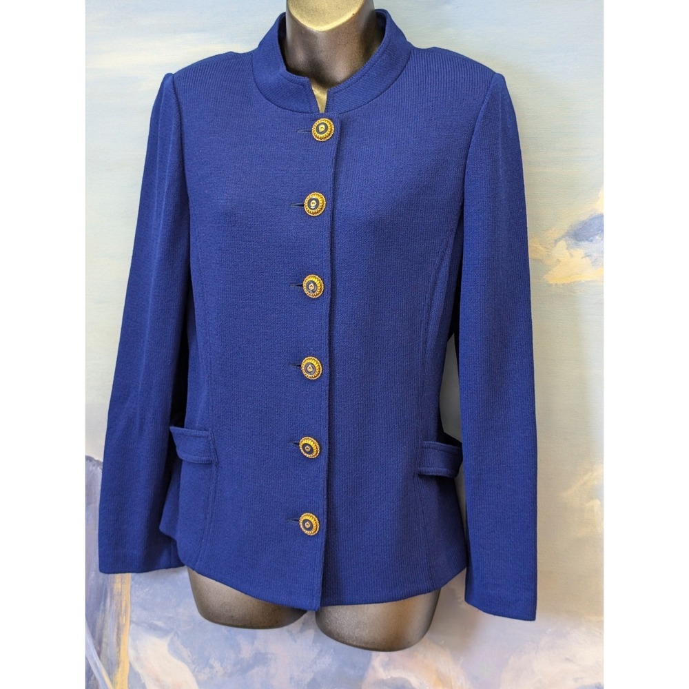 ST. JOHN Collection SZ 12 Santana Knit Logo Button Jacket In Sapphire LNC!